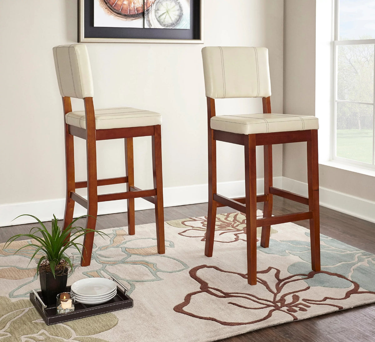 Linon Mulberry Padded Bar Stool, 30" Seat Height, Medium Dark Walnut Finish with Cream  Fabric