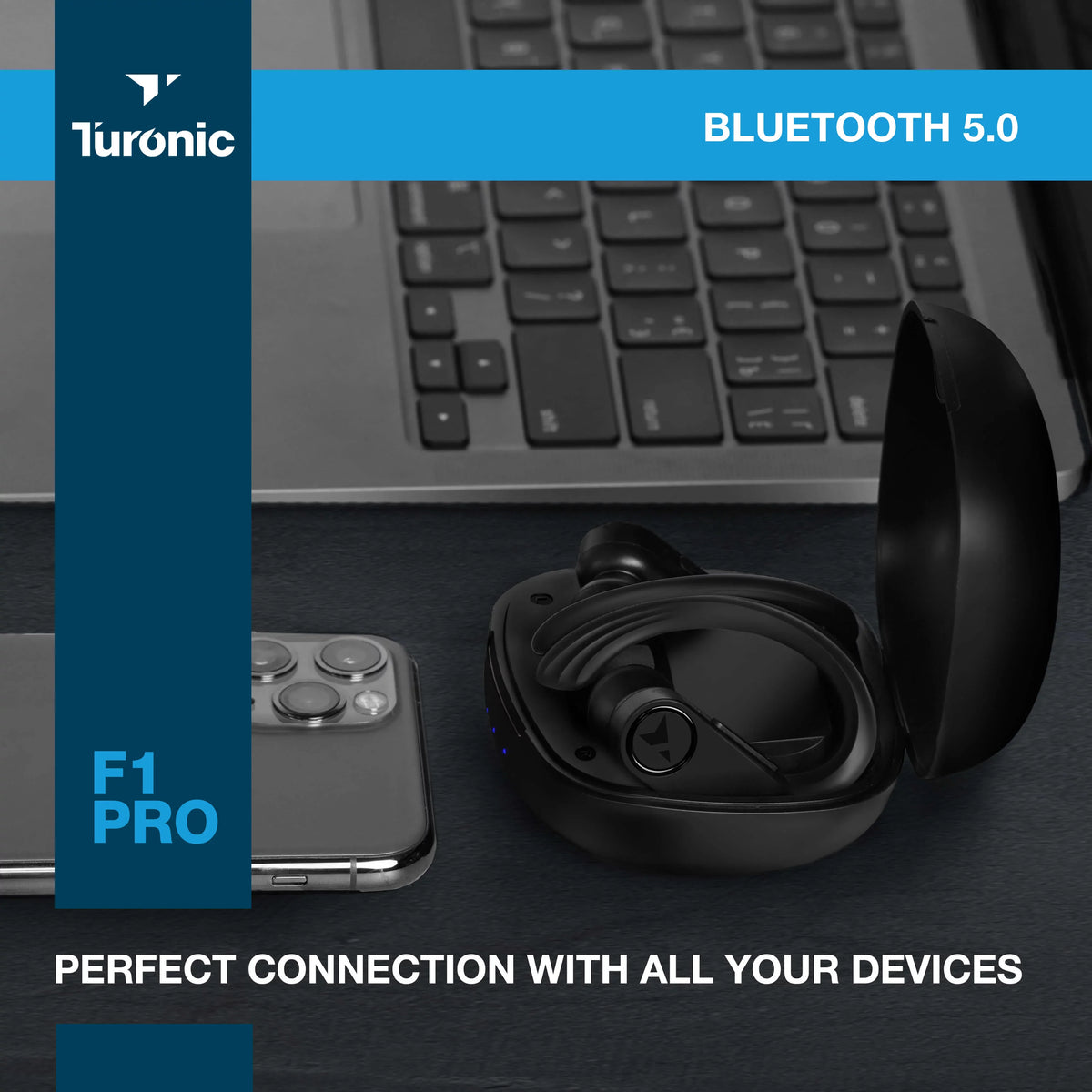 Turonic  Pro - True Wireless Earbuds - 45H Playtime, Charging case, Mic,  Waterproof Bluetooth Headphones w/Microphone - Sport Wireless Earphones with Earhook for Gym, Running, Workout - Black