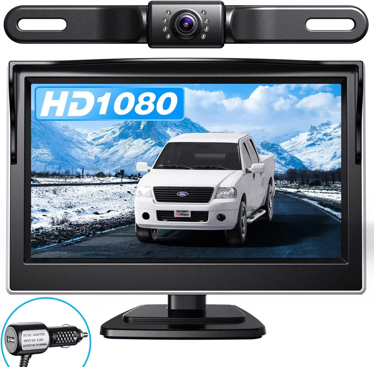 eRapta Backup Camera Monitor 5'' License Plate Car Rear View Reverse Backup Camera for Car Truck Trailer Minivan with  Waterproof Night Vision A5i