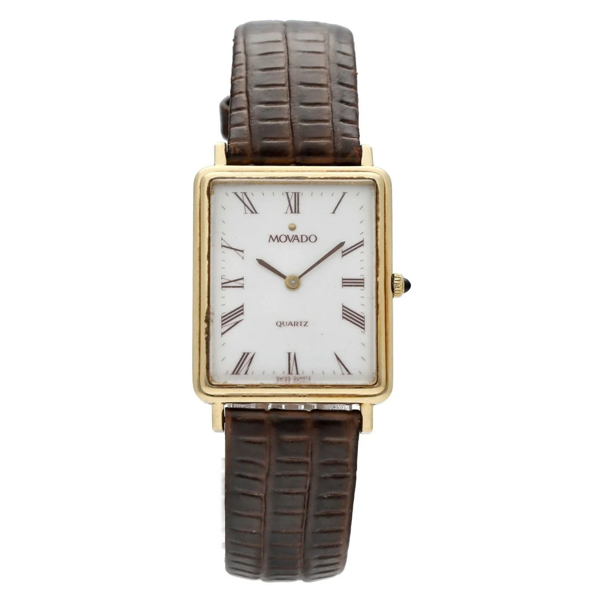 Movado 7041485 14k Yellow Gold White Roman Dial Tank Quartz Wrist Watch