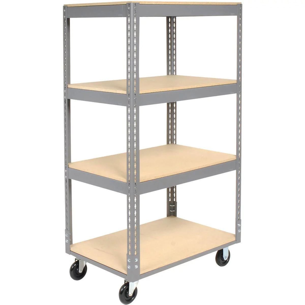 Easy Adjust Boltless 4 Shelf Truck, Wood Shelves, Polyurethane Casters, 48" x 24" x 65"