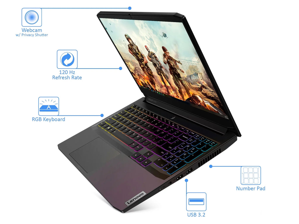 Lenovo IdeaPad 3i Gaming Laptop, 15.6" 120Hz  Display, Intel Core i7-11370H Upto 4.8GHz, 16GB , 256GB NVMe  + 1TB ,  GeForce  3050 Ti, , Wi-Fi, Bluetooth, Windows 10 Pro