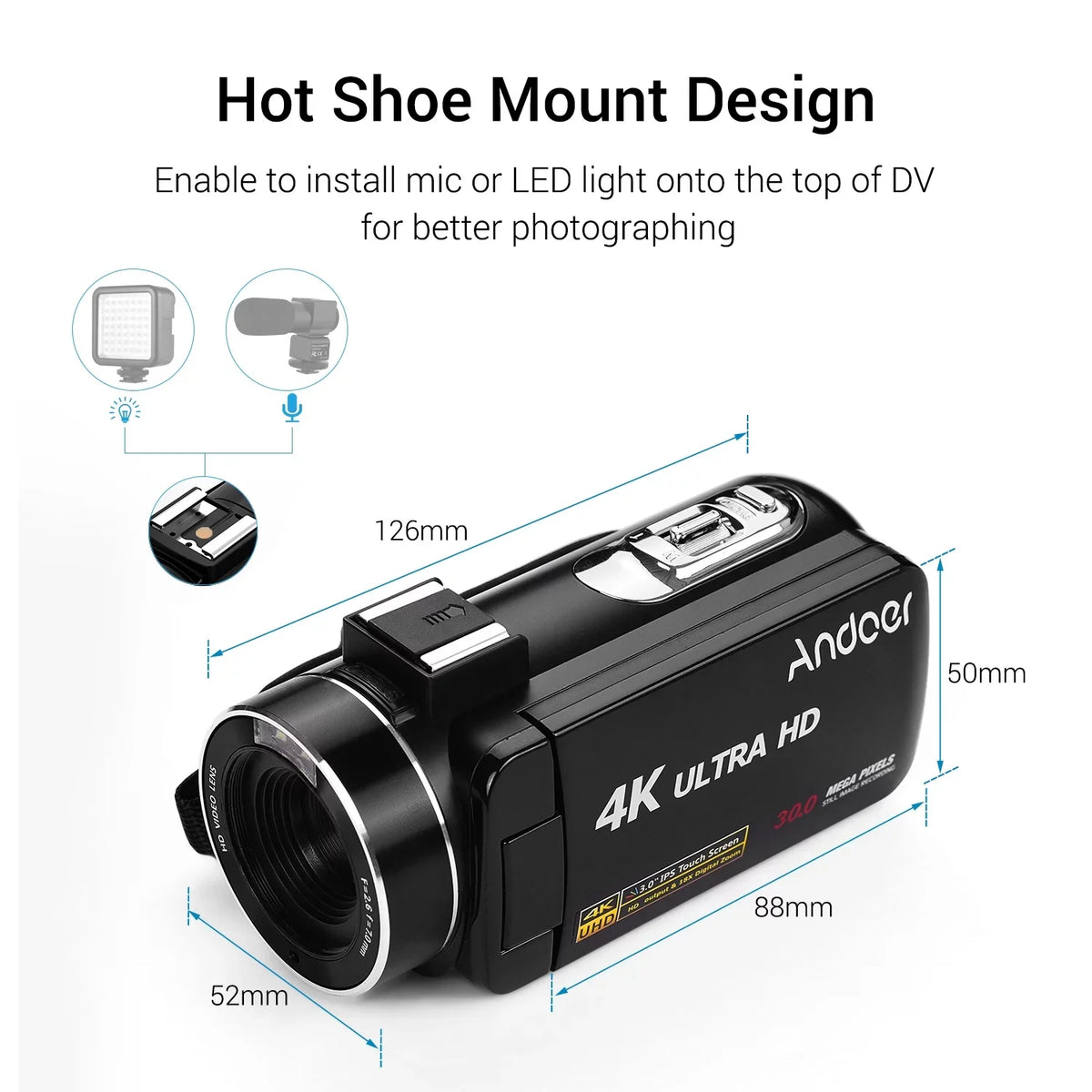Andoer 4K Handheld  Professional Digital Video  Sensor Camcorder with Hot Shoe for Mounting Microphone 3.0 Inch  Monitor Burst -Shaking Function