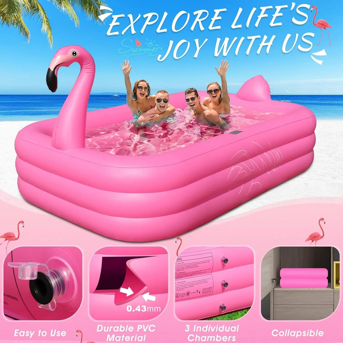 Inflatable Pool with Lights, 2024 Solar Flamingo Swimming Pool for Kids,Adults Inflatable Blow up Pool, Large Kiddie Pool, Durable Thickened 105"x65"x25" Inflatable Family Pool for Backyard,Outdoor