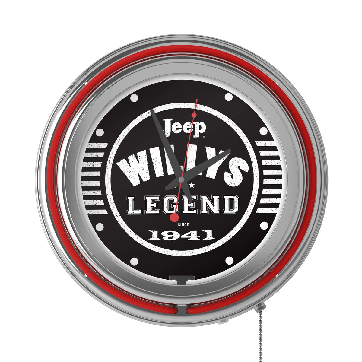Neon Wall Clock-Jeep Willys Legend Black Double Rung Analog Clock with Pull Chain-Pub, Garage, or Man Cave Accessories (Red)